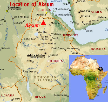 Map showing the location of the Aksum UNESCO world heritage site, Ethiopia